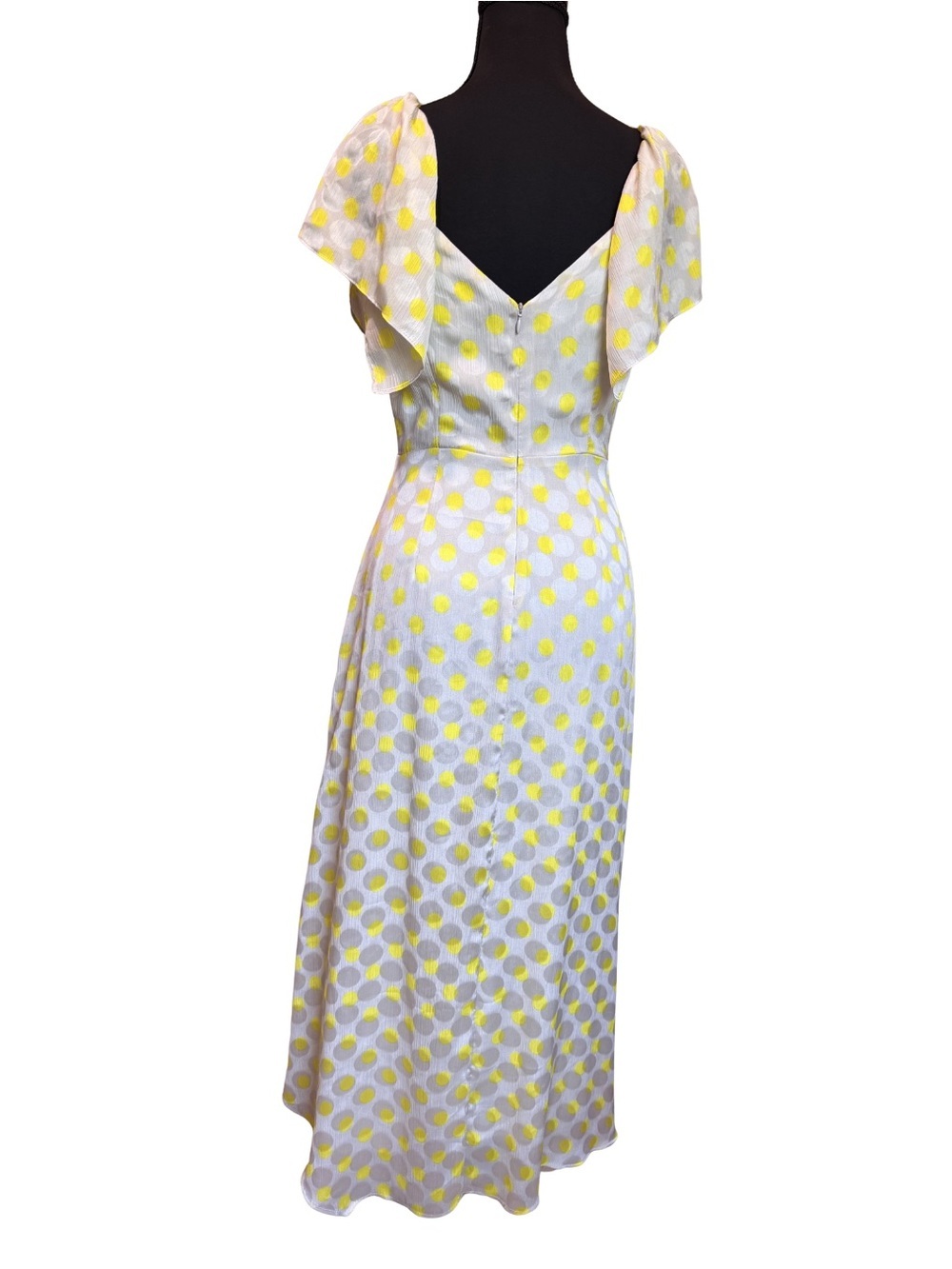 Zara Gray Yellow Polka Dot Midi Dress XS Chiffon Ruffle Slit Vacation Summer - Picture 3 of 6